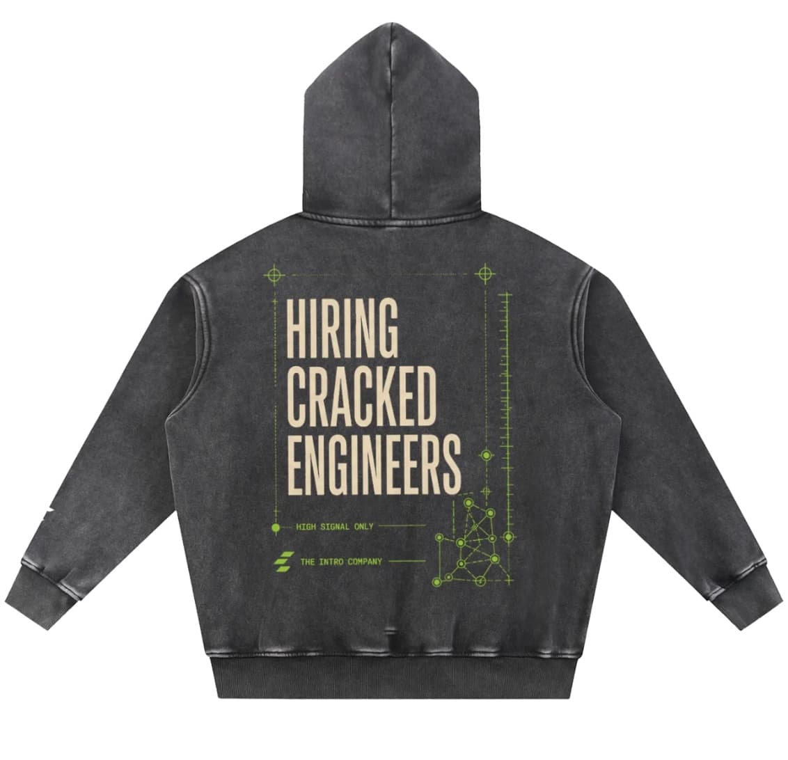 The back of the Clera hoodie, printed with Hiring Cracked Engineers