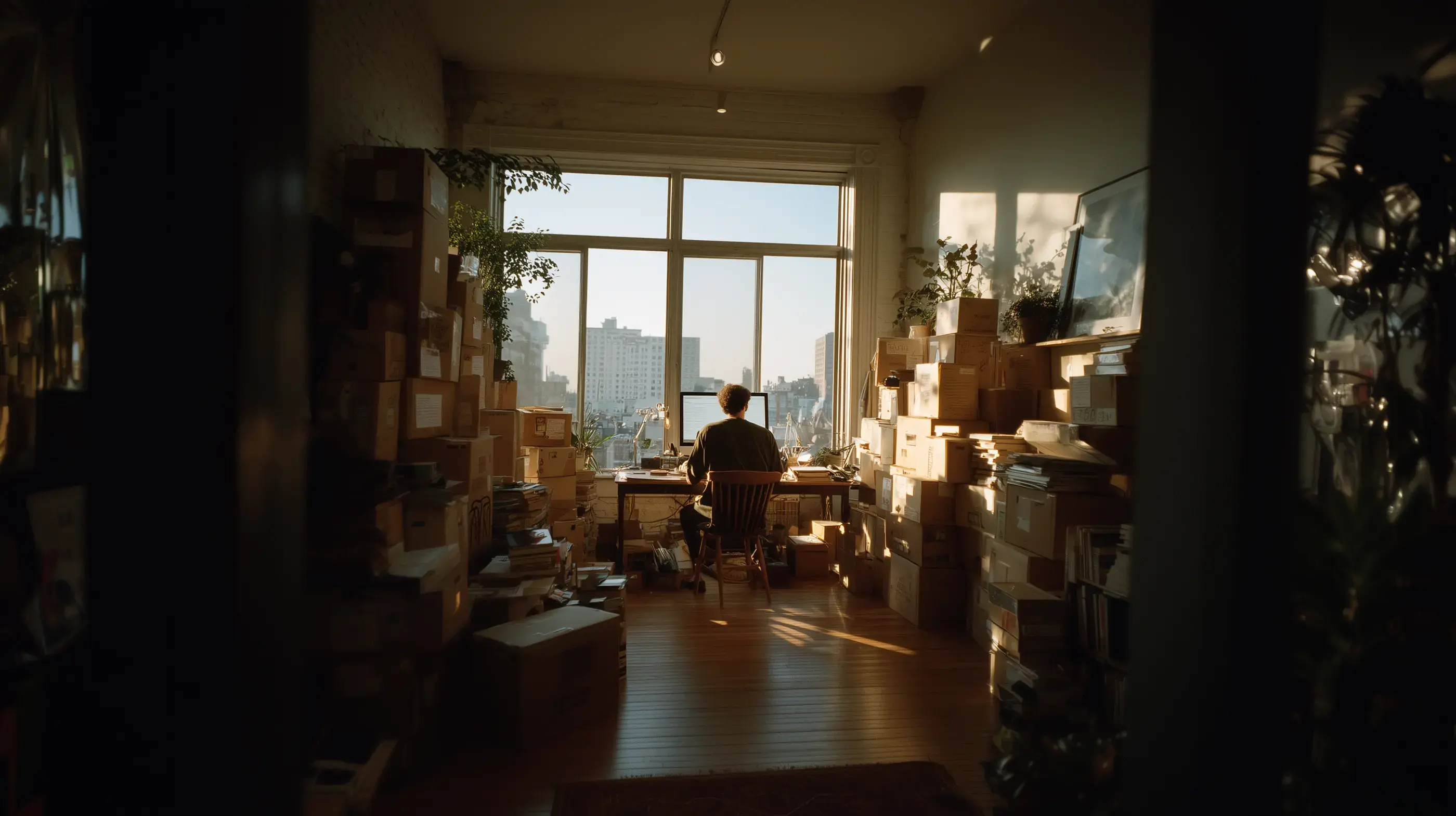 Someone at a desk by a sunny window in an apartment full of moving boxes